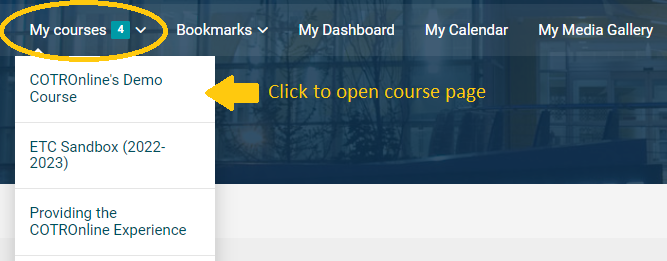 My Courses open with drop-down list and directions to click on selected courses in yellow.