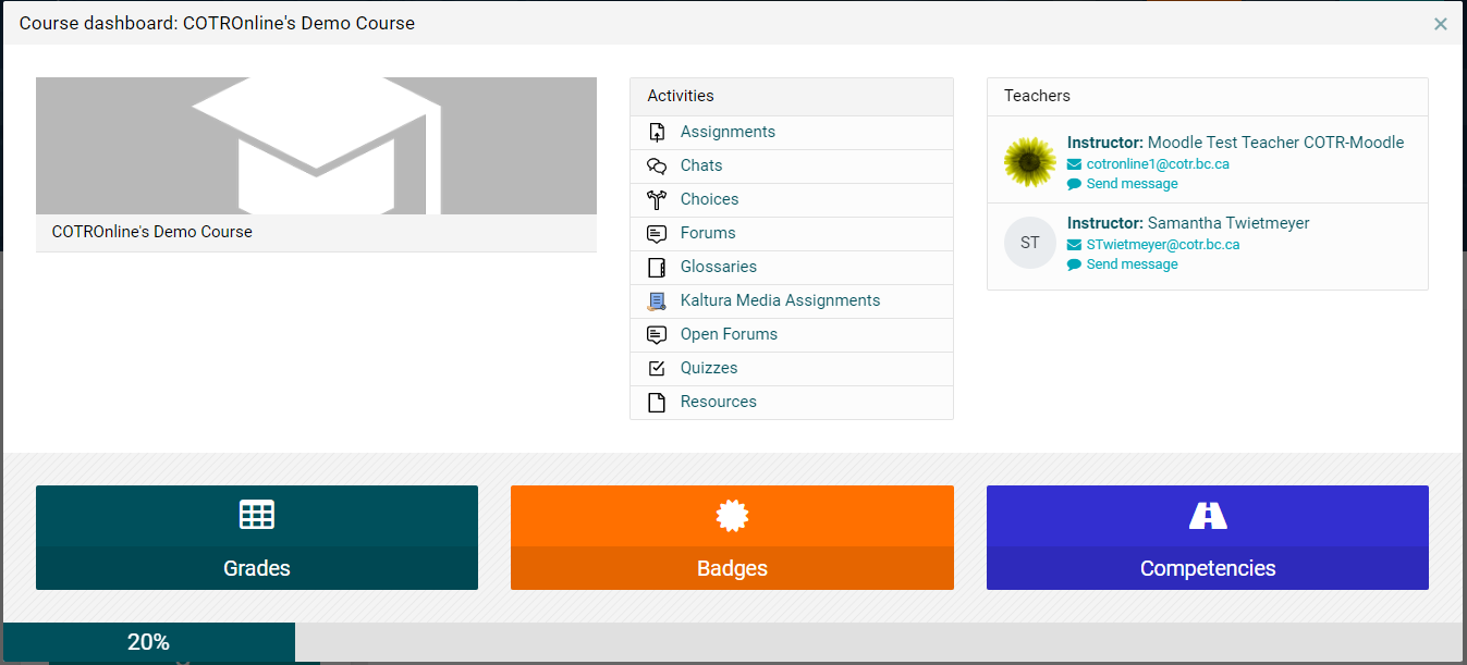 Displays the gradebook menu window with activities, teacher contacts, and gradebook link