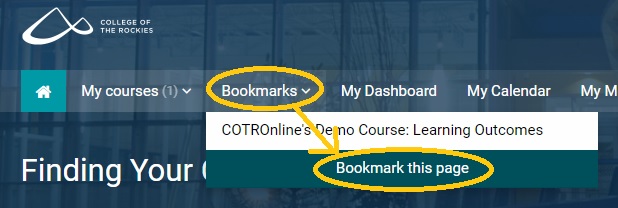 COTROnline Bookmark screen with dropdown open and "Bookmark this Page" option circled in yellow.
