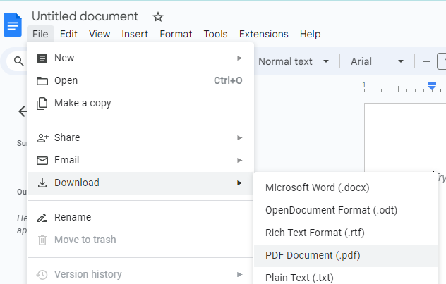 Snapshot of the file > download > PDF dropdown process
