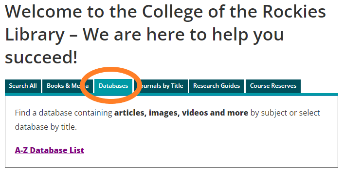 An image of where to find databases on the library website.