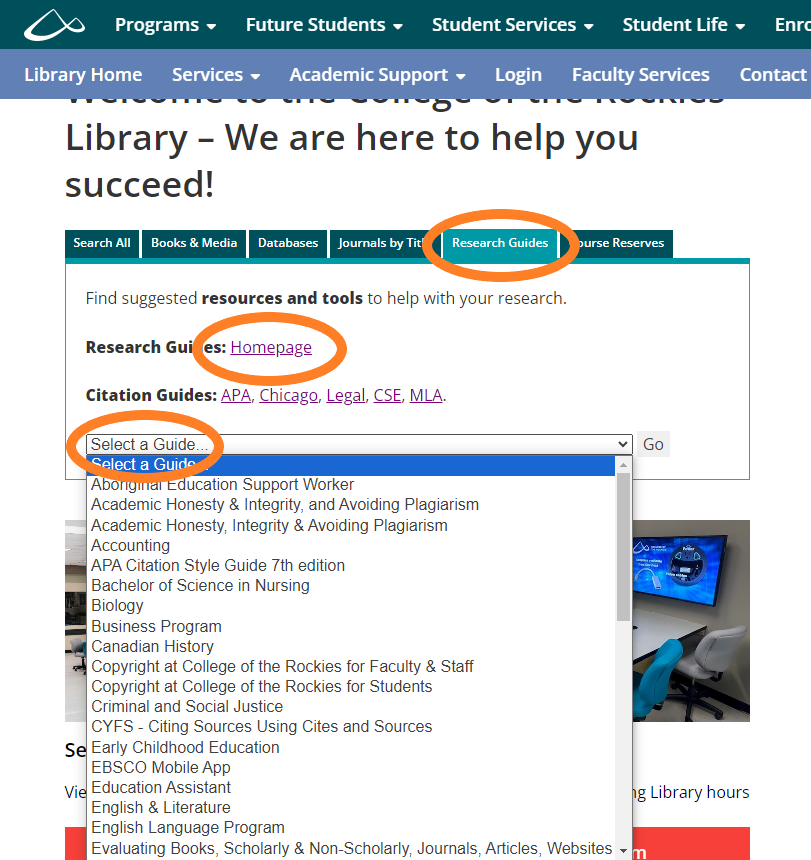 A photo of the places to find the Research Guides on the Library homepage.