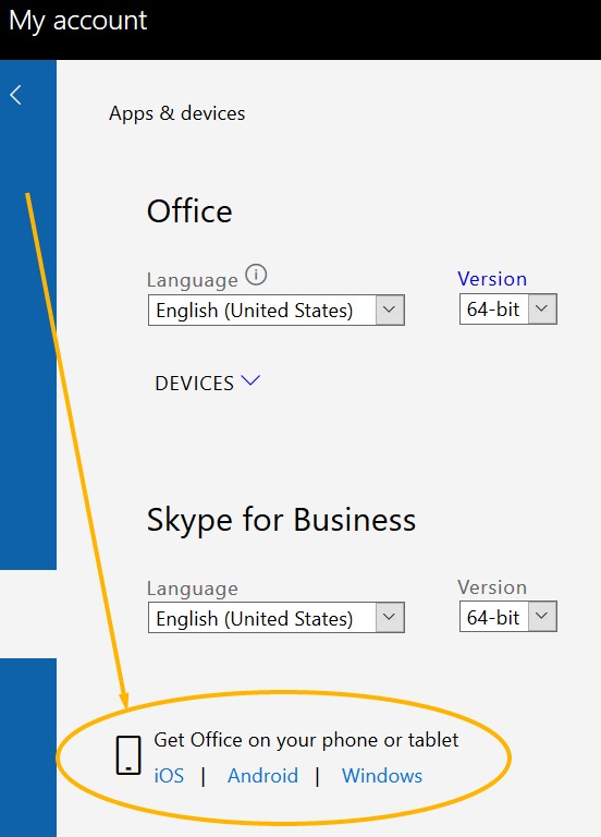 MS Office directions for iOS, Android and Windows phones and tablets
