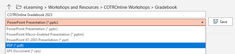 Image of drop-down for saving MS documents as PDFs