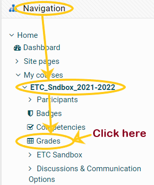 Course navigation block with course name and Grades circled.  Arrows point from course name to Grades.